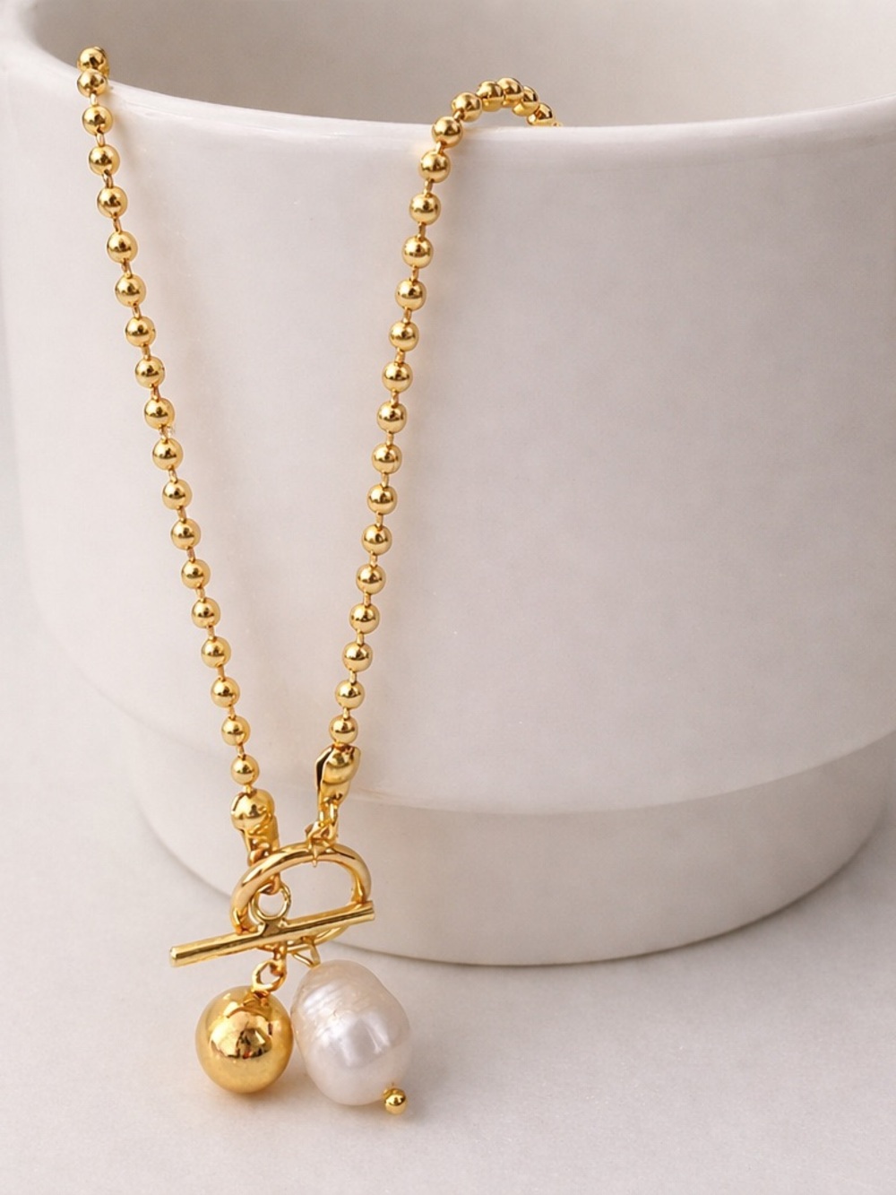 Gold Beaded Toggle Necklace | Pearl Accent | PVD Stainless Steel